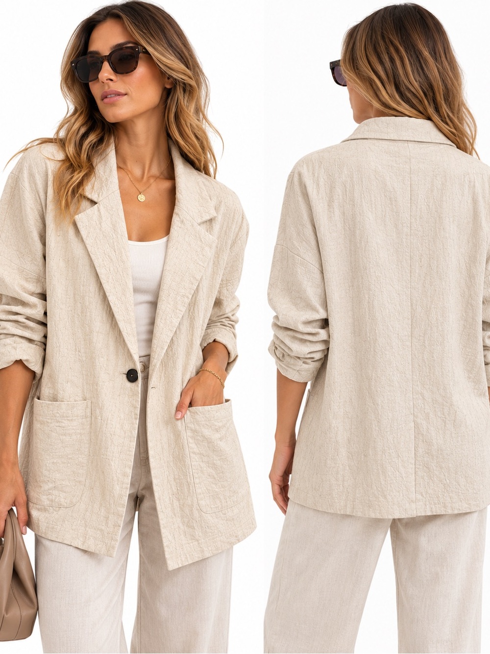 Women's Cream Lightweight Textured Blazer Jacket